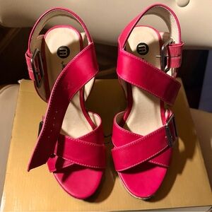 Women's Hot Pink Strappy Wedge Sandals